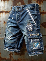 Herren-Vintage-Denim-Patchwork-Casual-Arbeits-Shorts mit deutschem bayerischem Bulldoggen-Print