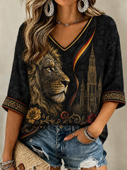 Damen-T-Shirt mit belgischem Print und V-Ausschnitt, lässig