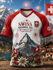 Kurzarm-T-Shirt mit V-Ausschnitt, Raglan-Ärmel, Herren-National feiertag