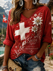 Frauen National Day Print V-Ausschnitt Langarm Top