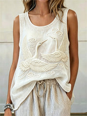 Damen fliegende Kräne über Wolken Japanischer Kunstdruck Leinen Tank Top