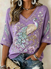 Damen Edel lila Pfau Floral Glitter Print Mittellange Ärmel V-Ausschnitt T-Shirt