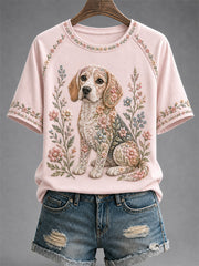 Damen-Freizeit-T-Shirt mit Blumen- und Hundeprint