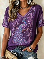 Damen-Kurzarm-T-Shirt mit Blumen glitter-Print, lila Pfau