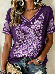 Damen-Edel-Lila-Pfau-Blumen-Glitzerdruck-T-Shirt mit kurzen Ärmeln