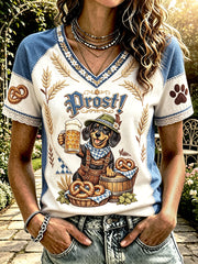 Damen Deutsches Oktoberfest Niedlicher Hund Retro Patchwork Print Lässiges T-Shirt mit V-Ausschnitt