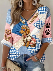 Damen Deutsches Oktoberfest Dackel Retro Patchwork Print Casual T-Shirt mit V-Ausschnitt