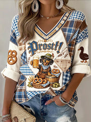Damen Deutsches Bierfest ival Süßer Hund Retro Patchwork Print Freizeit T-Shirt mit V-Ausschnitt