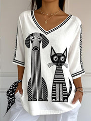 Damen-T-Shirt aus Baumwoll-Leinen-Mischgewebe mit V-Ausschnitt, lässig und cool, mit weißem Katzen- und Hundemuster