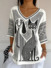 Damen-T-Shirt mit Katzen- und Hunde-Streifenmuster, lässig, leicht, aus Baumwolle-Leinen-Mischgewebe, V-Ausschnitt