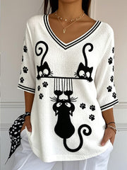 Damenweißes, niedliches Katzen-Print-Casual-Cool-T-Shirt aus Baumwolle-Leinen mit V-Ausschnitt