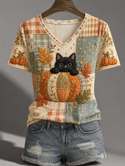 Frauen-Herbstsaison Niedliches Freizeit-T-Shirt mit schwarzer Katzen-Print und V-Ausschnitt