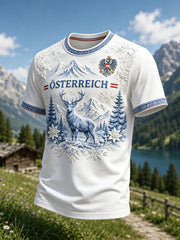 Herren-T-Shirt mit österreichischem Blumen- und Schneegebirge‑Motiv als Kunstdruck