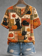 Frauen-Herbstmode Niedliches Freizeit-T-Shirt mit schwarzen Katzenmotiven und V-Ausschnitt