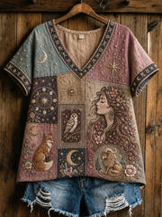 Retro Tarot Tier kunst V-Ausschnitt T-Shirt