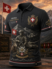 Herren-Poloshirt in Vintage-Optik mit kurzen Ärmeln und alpinem, militärinspiriertem Print