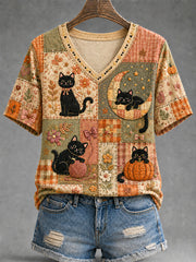 Frauen-Herbstmode Niedliches Freizeit-T-Shirt mit schwarzen Katzenmotiven und V-Ausschnitt