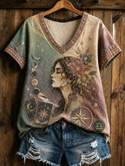 Vintage Star Sky Gradient Tarot Art V-Ausschnitt T-Shirt