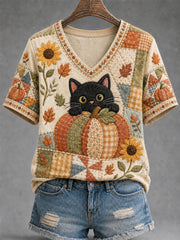 Damen-Herbstsaison niedliches schwarzes Katzen muster lässiges T-Shirt mit V-Ausschnitt