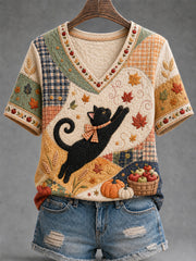 Frauen-Herbstsaison Niedliches Freizeit-T-Shirt mit schwarzer Katzen-Print und V-Ausschnitt