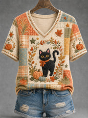 Frauen-Herbstsaison Niedliches Freizeit-T-Shirt mit schwarzer Katzen-Print und V-Ausschnitt
