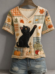 Frauen-Herbstsaison Niedliches Freizeit-T-Shirt mit schwarzer Katzen-Print und V-Ausschnitt