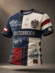Herren-T-Shirt mit österreichischem Blumen- und Schneegebirge‑Motiv als Kunstdruck