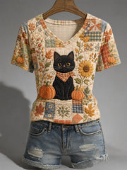 Frauen-Herbstsaison Niedliches Freizeit-T-Shirt mit schwarzer Katzen-Print und V-Ausschnitt