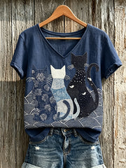 Frauen-T-Shirt aus Leinen mit engem Katzenmuster im japanischen Sashiko-Stil und kurzen Ärmeln