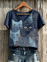 Frauen-T-Shirt aus Leinen mit engem Katzenmuster im japanischen Sashiko-Stil und kurzen Ärmeln