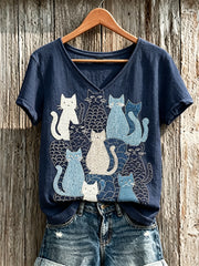 Frauen-T-Shirt aus Leinen mit engem Katzenmuster im japanischen Sashiko-Stil und kurzen Ärmeln