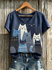 Frauen-T-Shirt aus Leinen mit engem Katzenmuster im japanischen Sashiko-Stil und kurzen Ärmeln