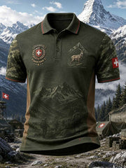 Herren-Poloshirt im Vintage-Stil mit Schweizer Militär-Print