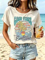 Damen-Urlaubs muster bedrucktes kurzärmliges T-Shirt
