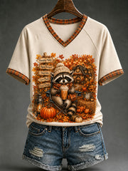 Frauen Lustiger Herbst Waschbär Kaffee V-Ausschnitt Kurzarm T-Shirt