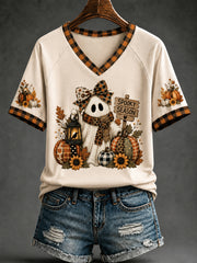 Frauen Gemütliches Herbst Halloween Geist Kürbis Gewürz V-Ausschnitt Kurzarm T-Shirt