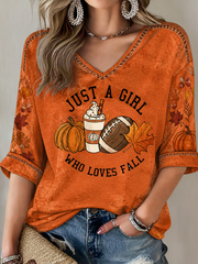 Damen T-Shirt mit V-Ausschnitt, Herbst bedruckt, mittellange Ärmel