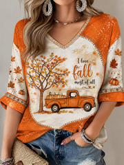 Damen-Herbst-T-Shirt mit Druck, mittellange Ärmel und V-Ausschnitt
