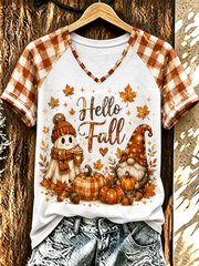 Kurzarm-T-Shirt mit V-Ausschnitt für Damen im Herbst bedruckt