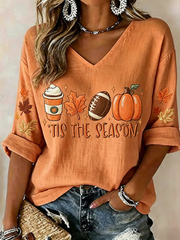 Kurzarm-T-Shirt aus Leinen mit Herbst druck für Damen