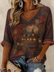 Damen-T-Shirt mit V-Ausschnitt und mittellangen Ärmeln, bedruckt, Oktober in Neuengland