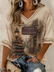 Damen-T-Shirt mit V-Ausschnitt und mittellangen Ärmeln, bedruckt, Oktober in Neuengland