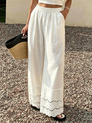 Damen Vintage eingeklemmter Spitzen boden bequeme Hose mit weitem Bein