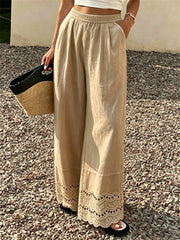 Damen Vintage eingeklemmter Spitzen boden bequeme Hose mit weitem Bein