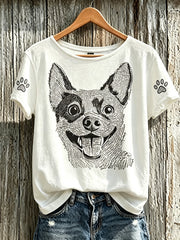 Damen-T-Shirt mit niedlichem Hunde-Muster, lässig, kurzärmlig