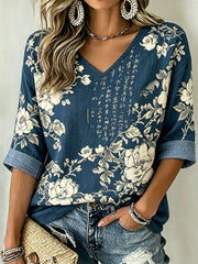 Damen-Hemd im japanischen Kunststil mit Blumenmuster, lässig aus Leinen, V-Ausschnitt