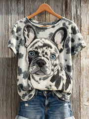 Damen T-Shirt mit französischem Bulldog-und Hunde mantel muster bedruckt