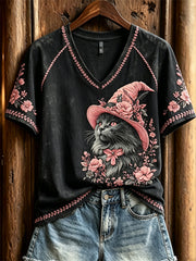 Damen schwarze Katze Hexe Rosa Kurzarm-T-Shirt mit Blumen kunst druck