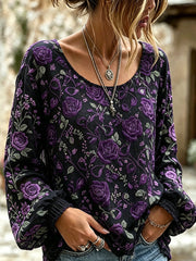 Damenhemd aus Baumwolle-Leinen mit violettem Blumenmuster