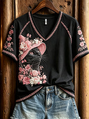 Damen-T-Shirt mit schwarzer Katzen-Hexen- und pinkfarbener Blumenkunst‑Print‑Bild, Kurzarm